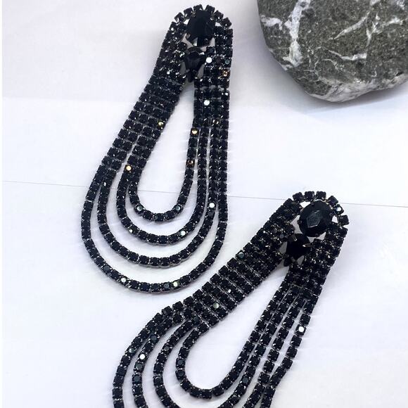NEW Black Rhinestone Drop Earrings - Picture 1 of 15